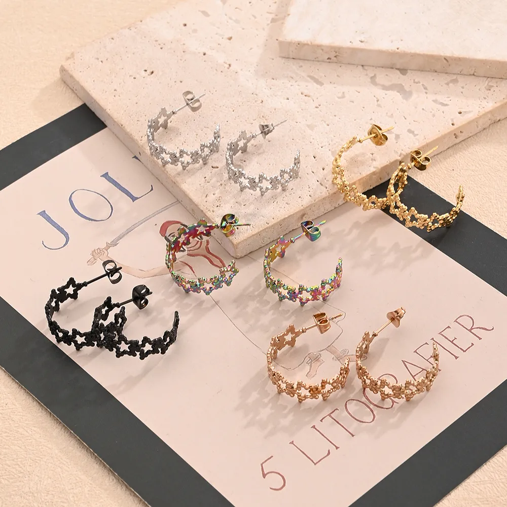 1 Pair/Package Casual Modern Style Simple Style C Shape Pentagram Handmade Polishing Plating 304 Stainless Steel 18K Gold Plated Colorful Plating Rose Gold Plated Earrings display picture 1