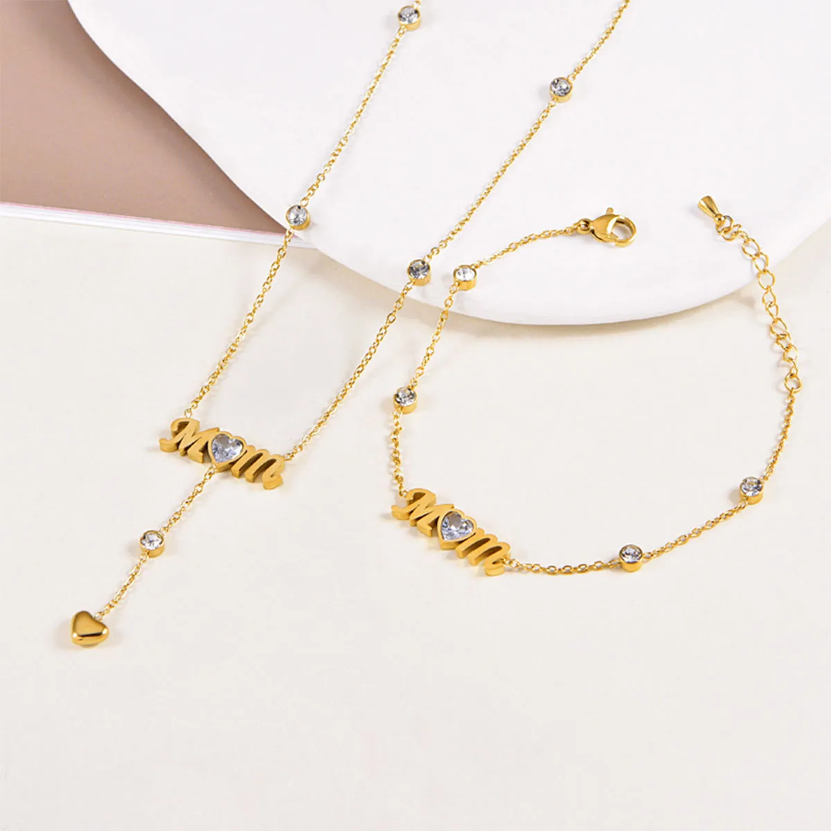 Elegant Letter Heart Shape 304 Stainless Steel Polishing Plating Inlay Zircon 14K Gold Plated Mother'S Day Women's Bracelets Necklace display picture 1