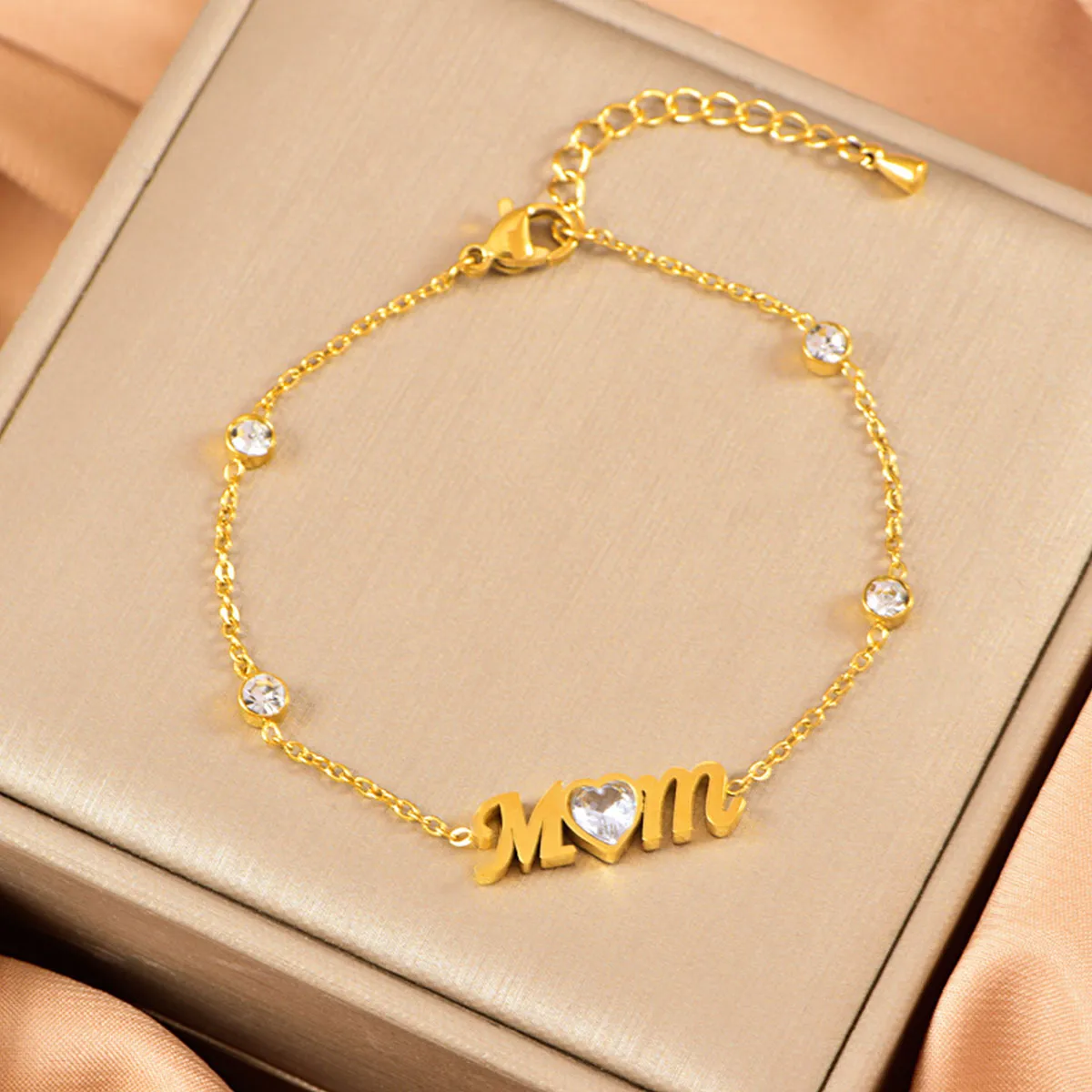 Elegant Letter Heart Shape 304 Stainless Steel Polishing Plating Inlay Zircon 14K Gold Plated Mother'S Day Women's Bracelets Necklace display picture 3