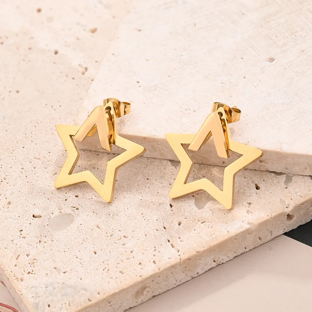1 Pair/Package Casual Modern Style Simple Style Pentagram Polishing Mixed Metal Plating 304 Stainless Steel 18K Gold Plated Ear Studs display picture 3