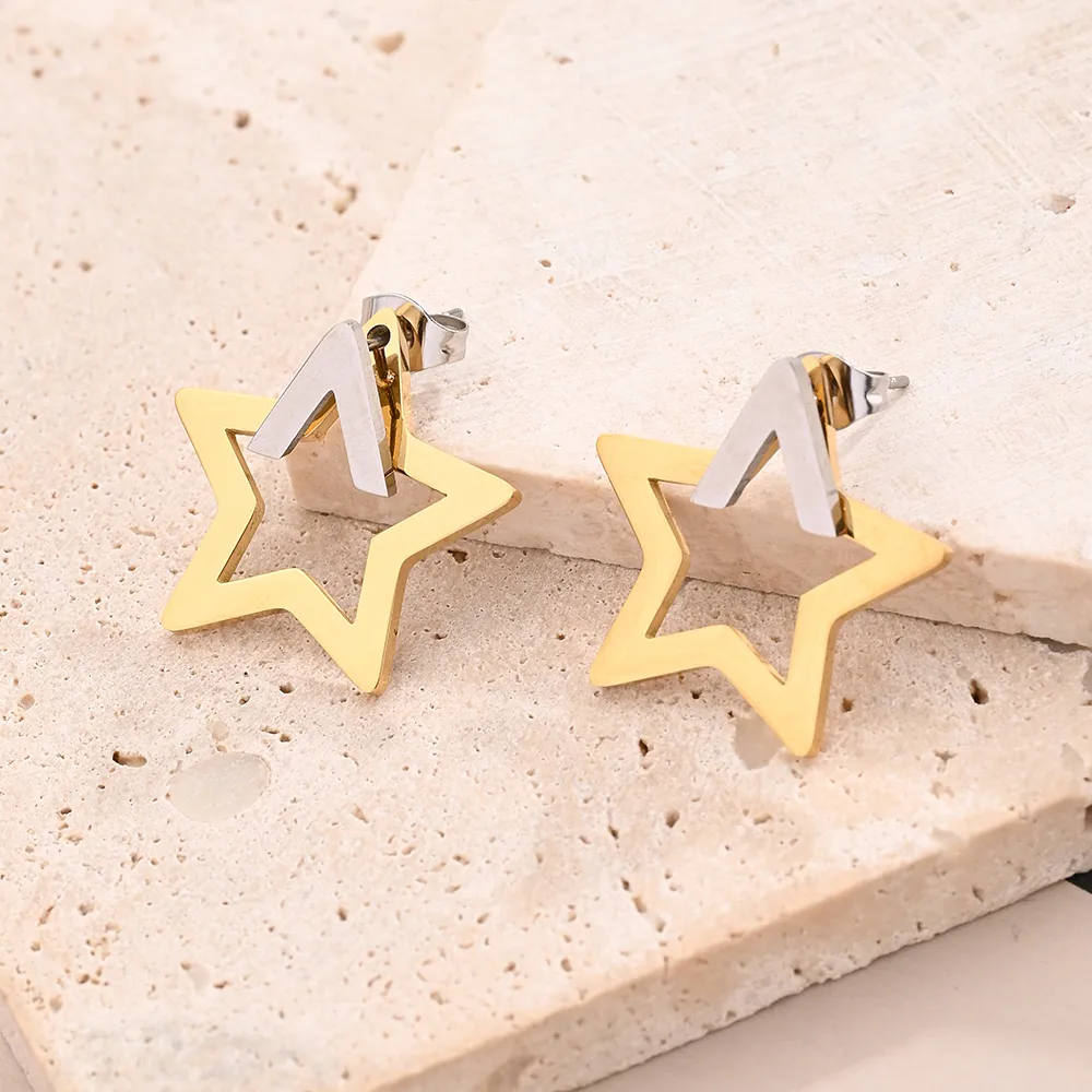 1 Pair/Package Casual Modern Style Simple Style Pentagram Polishing Mixed Metal Plating 304 Stainless Steel 18K Gold Plated Ear Studs display picture 4