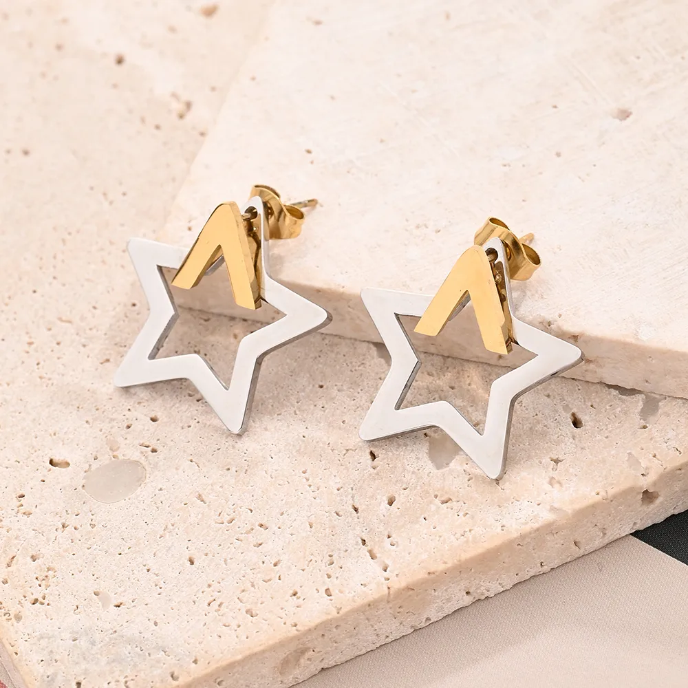 1 Pair/Package Casual Modern Style Simple Style Pentagram Polishing Mixed Metal Plating 304 Stainless Steel 18K Gold Plated Ear Studs display picture 5