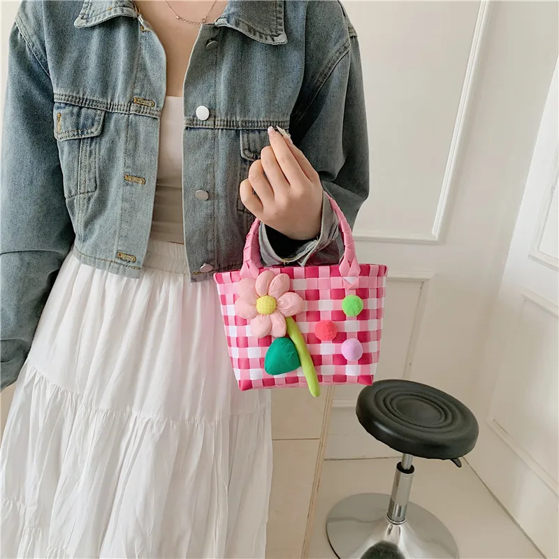 Women's Braid Plaid Flower Cute Square Open Handbag display picture 16