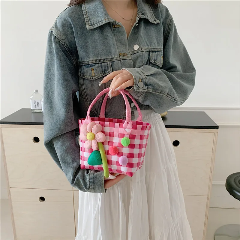 Women's Braid Plaid Flower Cute Square Open Handbag display picture 25