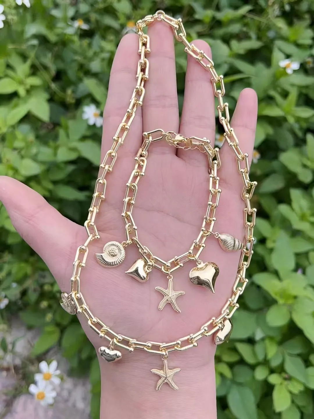 IG Style Marine Style Starfish Conch Heart Shape Copper Polishing 18K Gold Plated Women's Bracelets Necklace Jewelry Set display picture 1