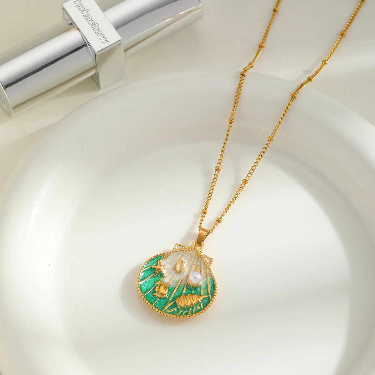 Cute Marine Style Artistic Shell 304 Stainless Steel Enamel Plating Inlay Imitation Pearl 18K Gold Plated Women's Earrings Necklace display picture 1