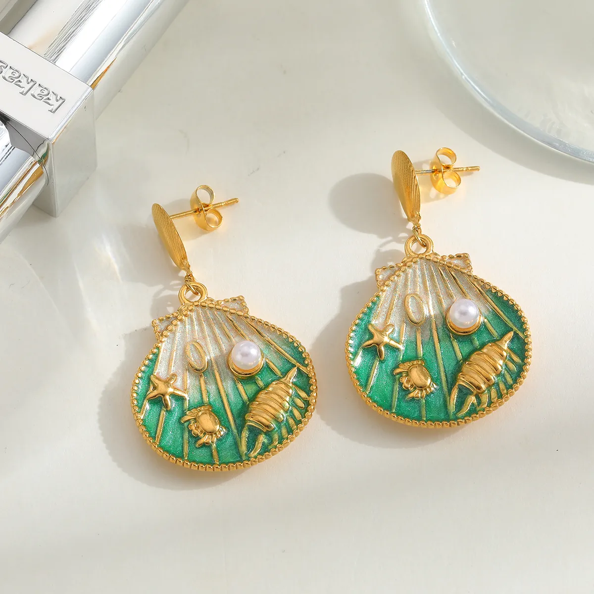 Cute Marine Style Artistic Shell 304 Stainless Steel Enamel Plating Inlay Imitation Pearl 18K Gold Plated Women's Earrings Necklace display picture 2
