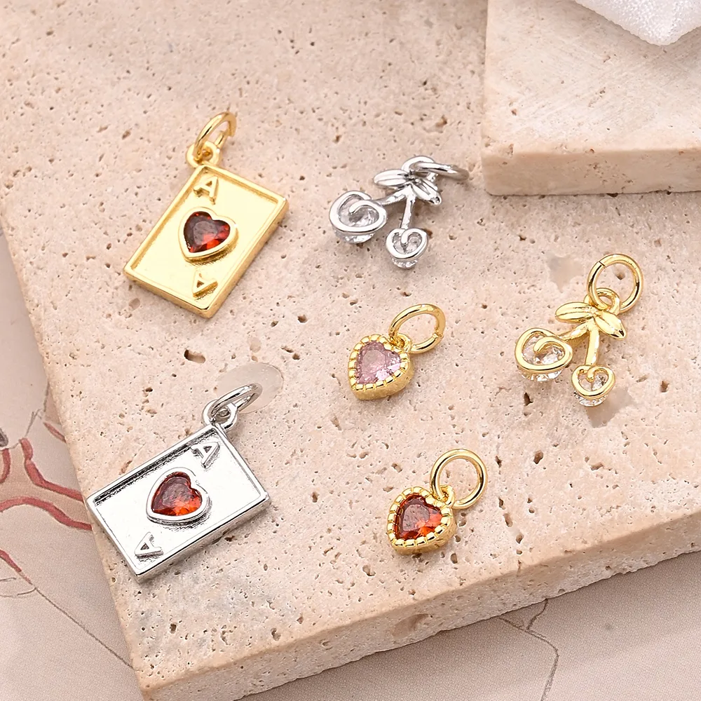Casual Vacation Playing Cards Cherry Red Heart Copper Handmade Polishing Zircon 18K Gold Plated White Gold Plated DIY Jewelry Accessories display picture 1