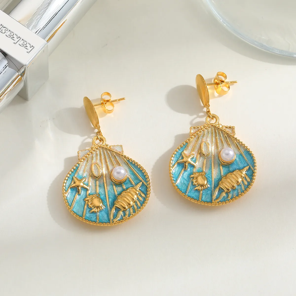 Cute Marine Style Artistic Shell 304 Stainless Steel Enamel Plating Inlay Imitation Pearl 18K Gold Plated Women's Earrings Necklace display picture 2