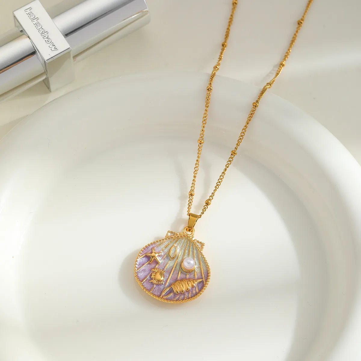 Cute Marine Style Artistic Shell 304 Stainless Steel Enamel Plating Inlay Imitation Pearl 18K Gold Plated Women's Earrings Necklace display picture 1