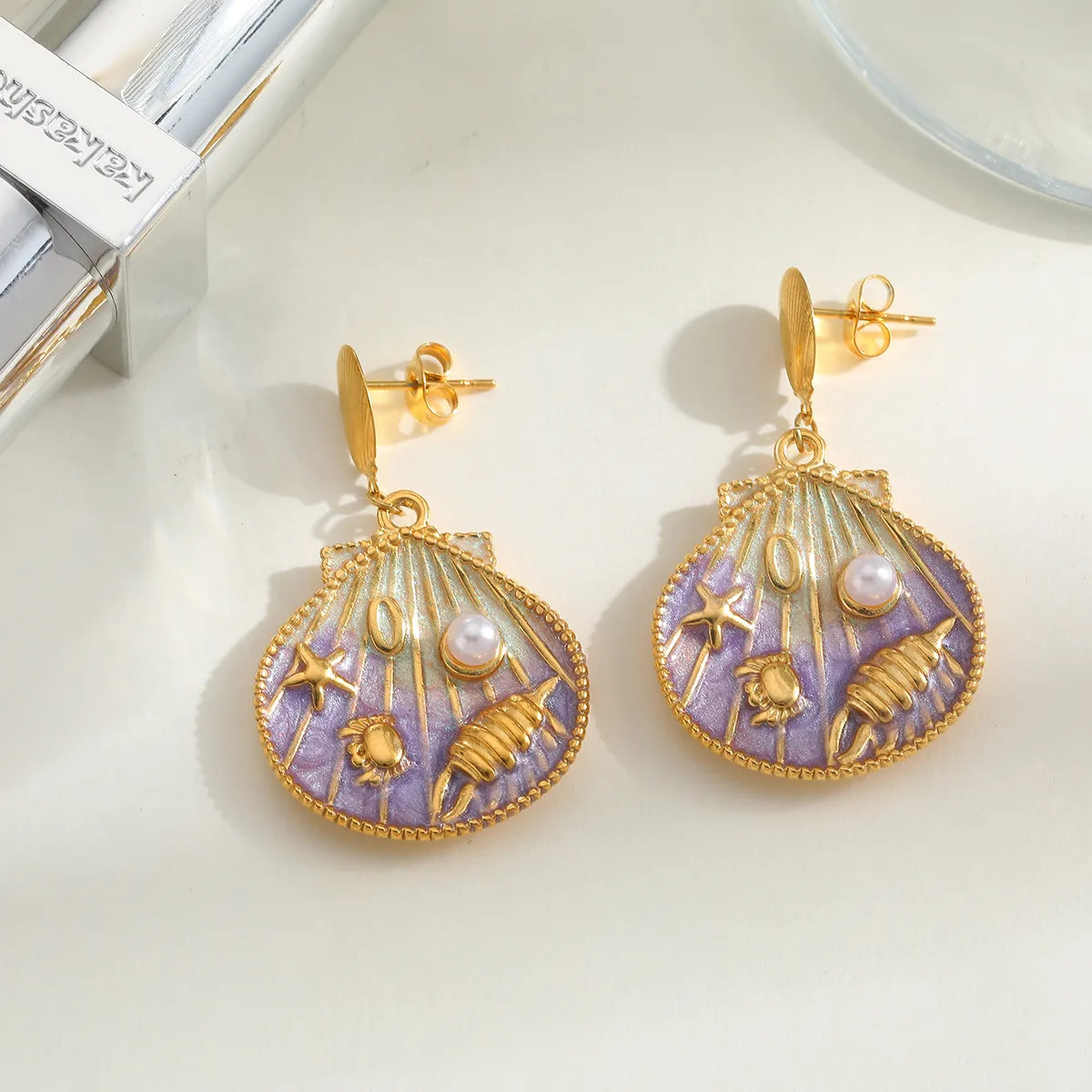 Cute Marine Style Artistic Shell 304 Stainless Steel Enamel Plating Inlay Imitation Pearl 18K Gold Plated Women's Earrings Necklace display picture 2