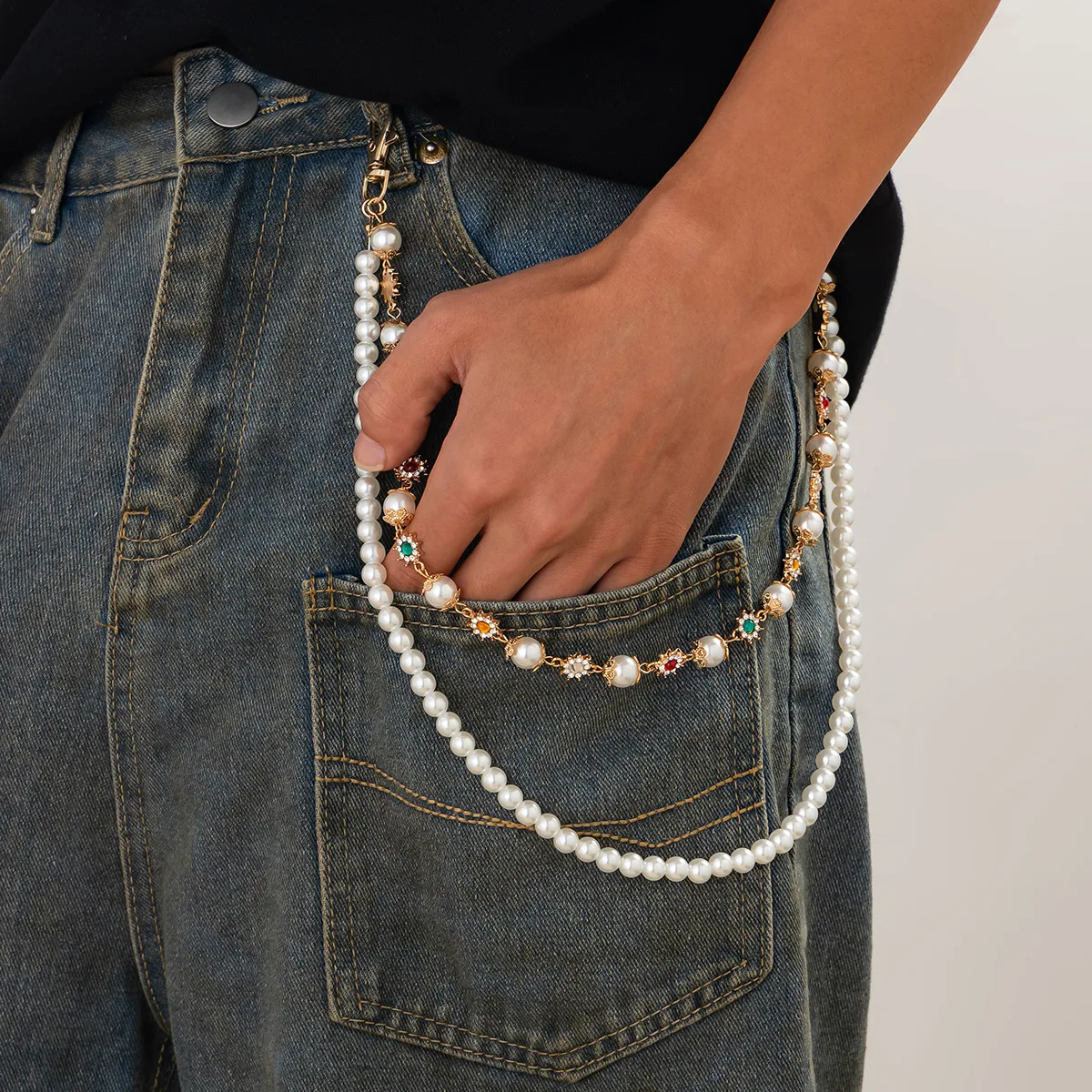1 Piece Retro Punk Streetwear Round Imitation Pearl Alloy Inlay Rhinestones Unisex Phants Zipper display picture 7