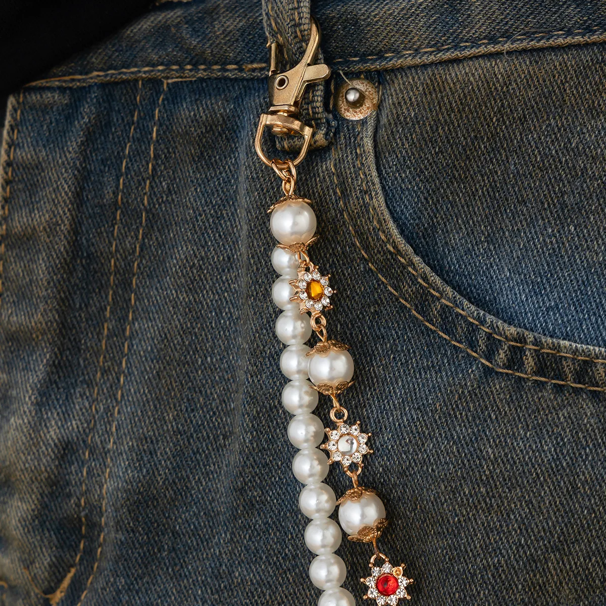 1 Piece Retro Punk Streetwear Round Imitation Pearl Alloy Inlay Rhinestones Unisex Phants Zipper display picture 6