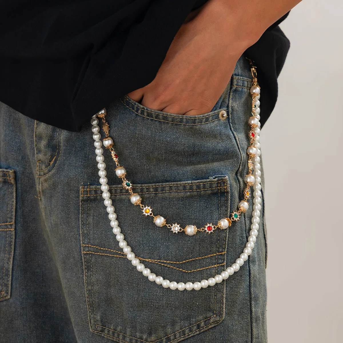 1 Piece Retro Punk Streetwear Round Imitation Pearl Alloy Inlay Rhinestones Unisex Phants Zipper display picture 8