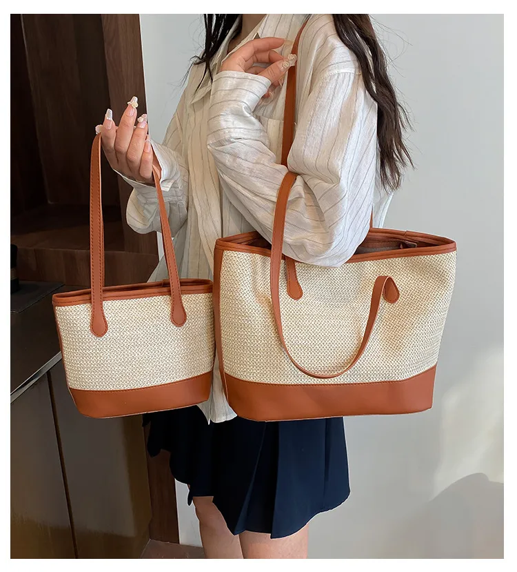 Women's Large Pu Leather Straw Color Block Streetwear Sewing Thread Square Zipper Tote Bag display picture 1