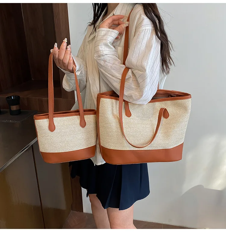 Women's Large Pu Leather Straw Color Block Streetwear Sewing Thread Square Zipper Tote Bag display picture 6