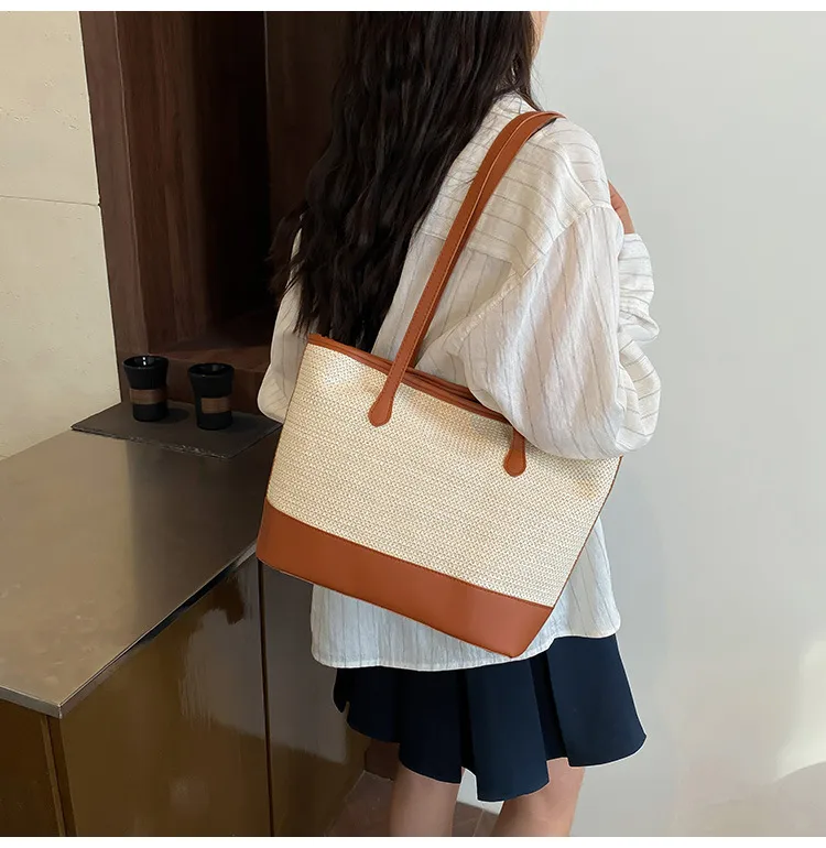 Women's Large Pu Leather Straw Color Block Streetwear Sewing Thread Square Zipper Tote Bag display picture 8