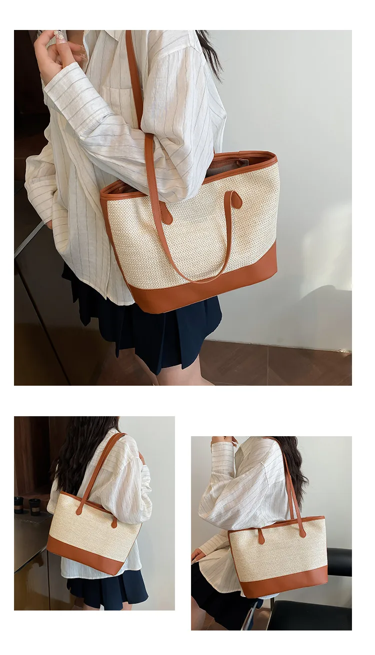 Women's Large Pu Leather Straw Color Block Streetwear Sewing Thread Square Zipper Tote Bag display picture 9
