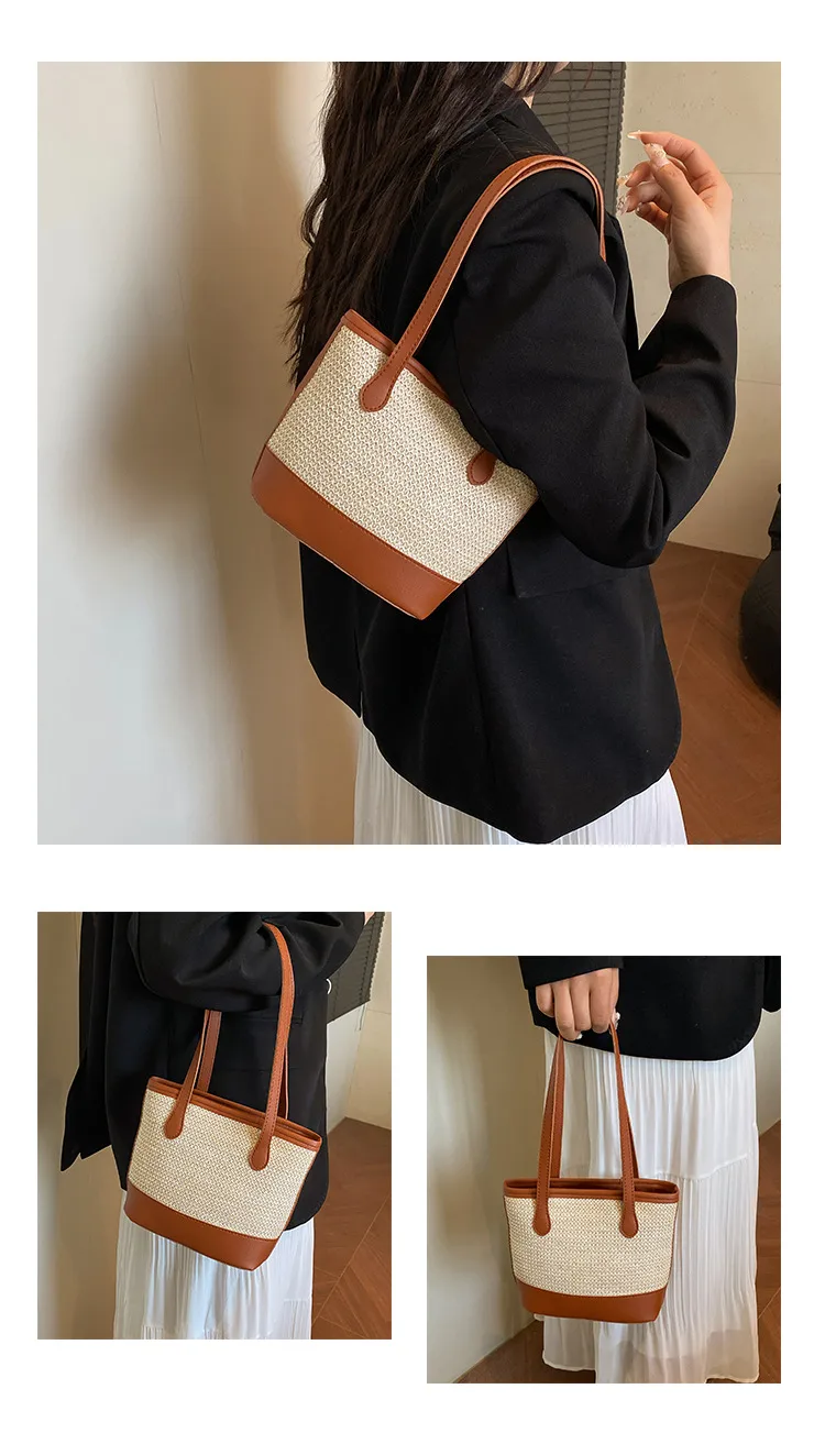 Women's Large Pu Leather Straw Color Block Streetwear Sewing Thread Square Zipper Tote Bag display picture 10