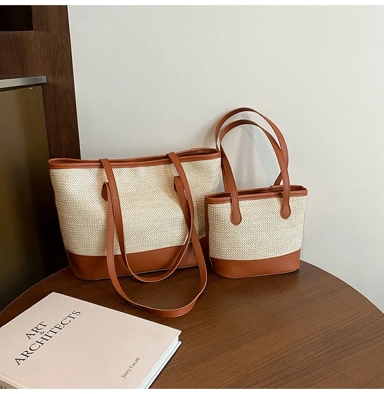 Women's Large Pu Leather Straw Color Block Streetwear Sewing Thread Square Zipper Tote Bag display picture 11