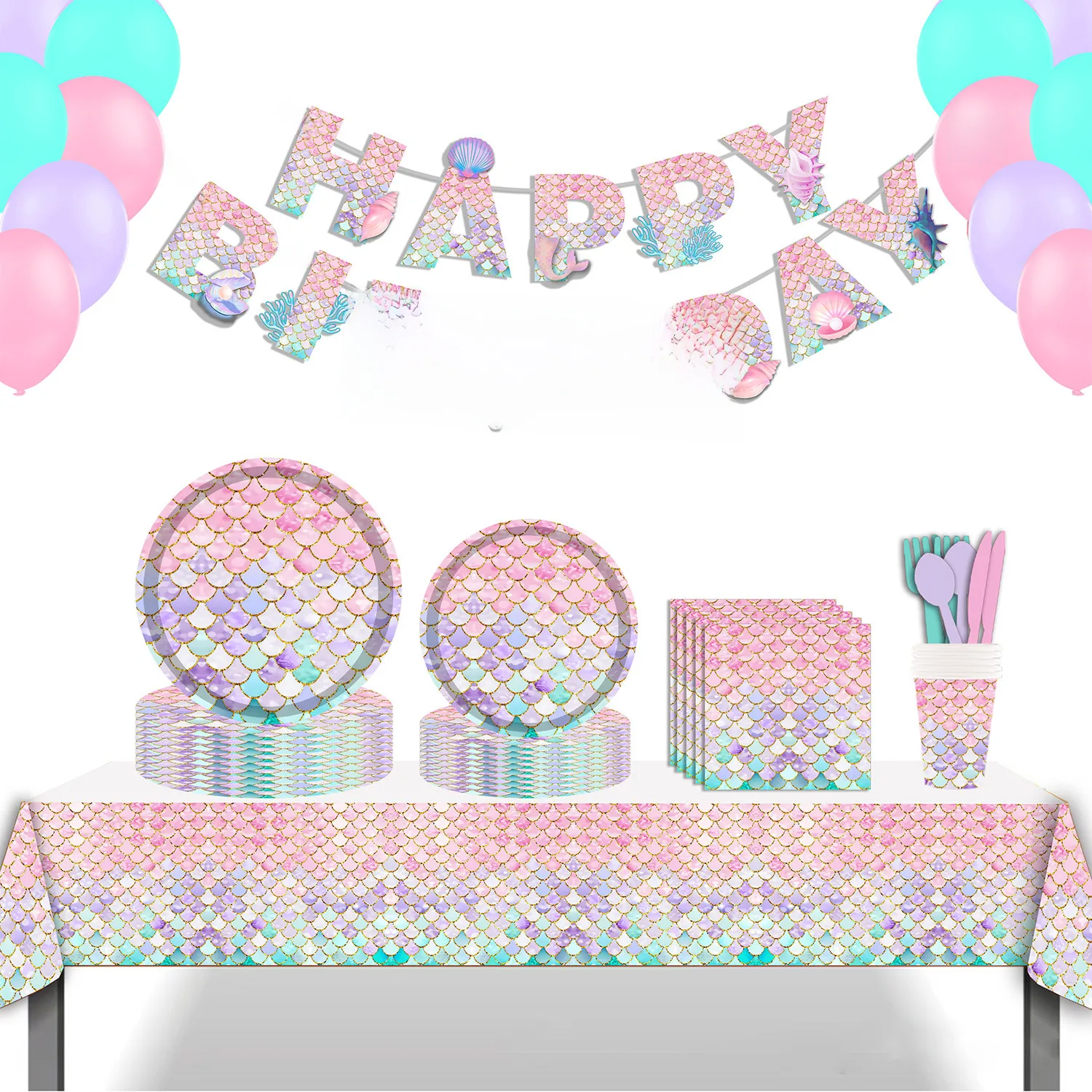 New Cartoon Mermaid Children's Birthday Disposable Cutlery Set Includes Knife Fork Spoon Paper Cup Napkin Paper Plate display picture 5
