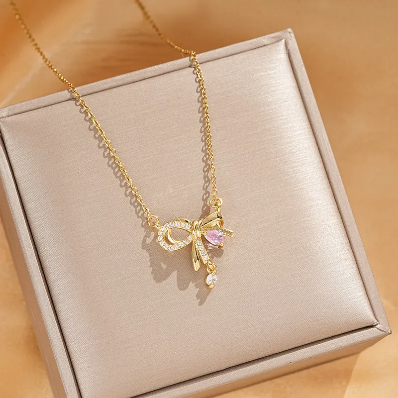 Vacation Classic Style Bow Knot Titanium Steel Copper Bowknot Inlaid Zircon Women's Pendant Necklace display picture 7
