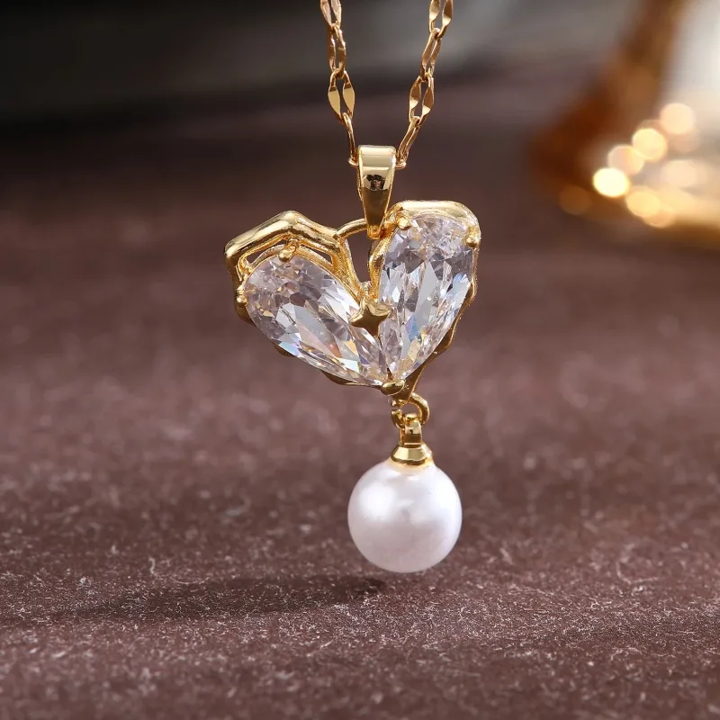 Streetwear Commute Moon Heart Shape Flower 201 Stainless Steel Copper Inlay Artificial Pearls Zircon Women's Pendant Necklace display picture 12