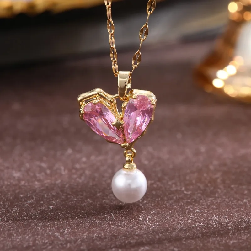 Streetwear Commute Moon Heart Shape Flower 201 Stainless Steel Copper Inlay Artificial Pearls Zircon Women's Pendant Necklace display picture 10