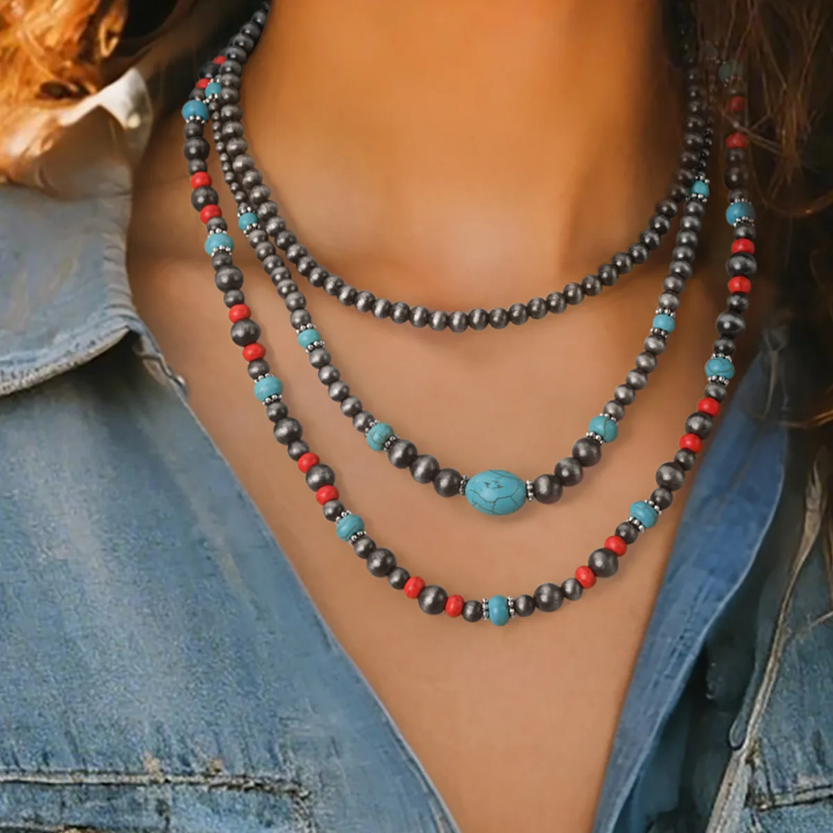 Vintage Style Ethnic Style Geometric Round CCB Turquoise Women's Three Layer Necklace display picture 1