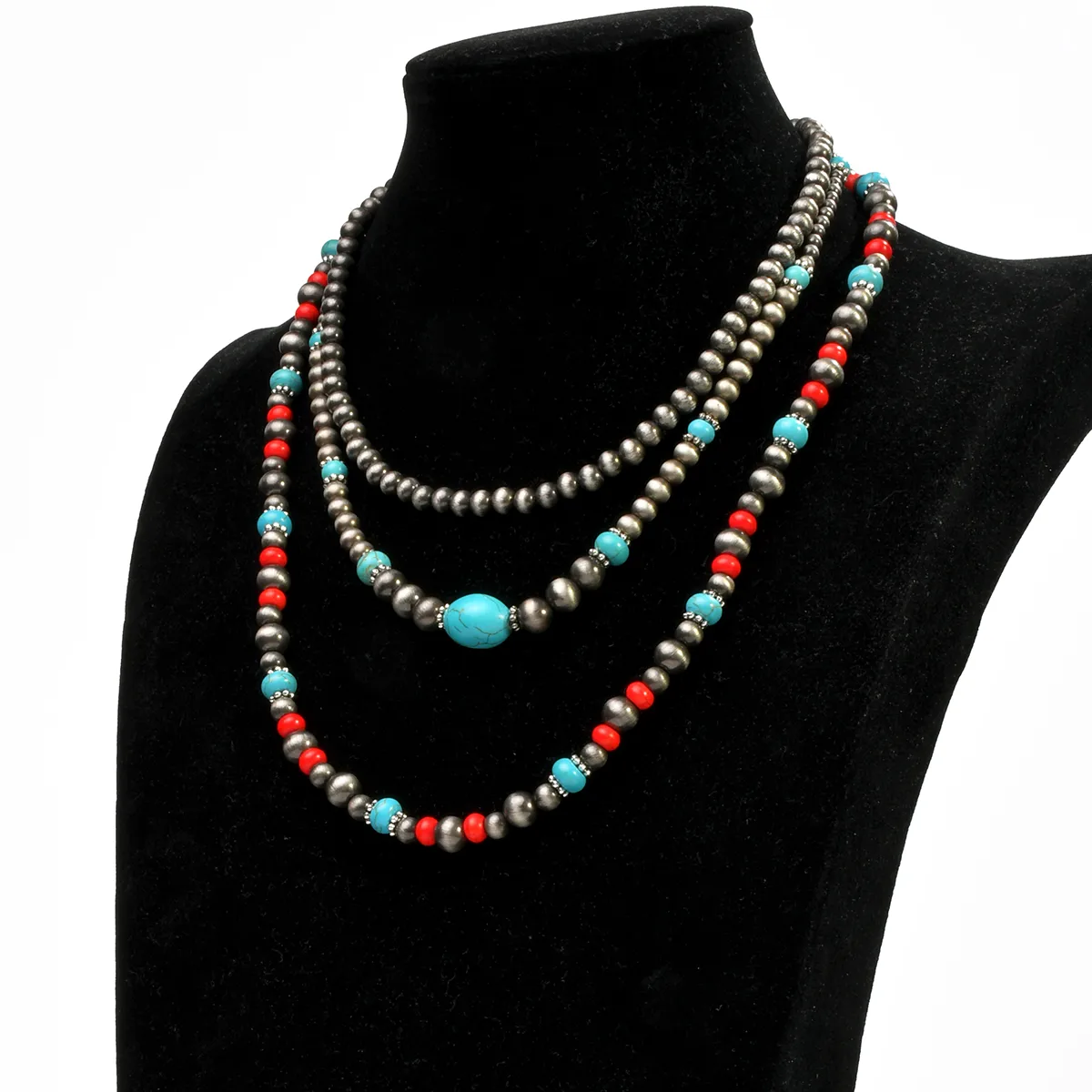 Vintage Style Ethnic Style Geometric Round CCB Turquoise Women's Three Layer Necklace display picture 2