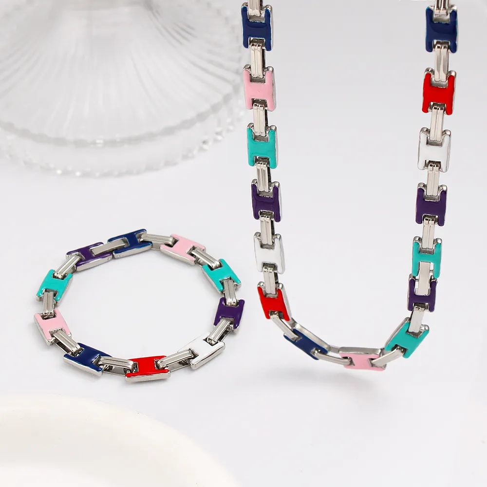 Vintage Style Classic Style Geometric 304 Stainless Steel Enamel 18K Gold Plated Women's Bracelets Necklace display picture 3