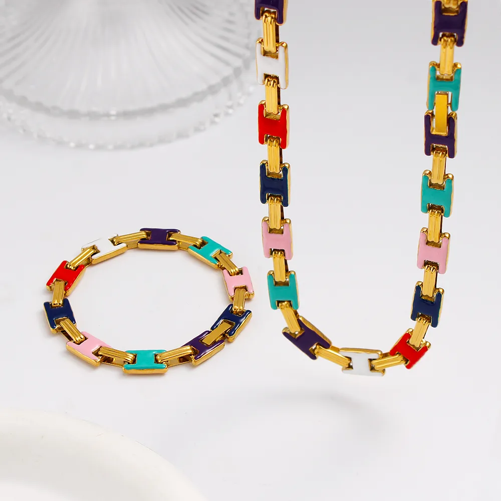 Vintage Style Classic Style Geometric 304 Stainless Steel Enamel 18K Gold Plated Women's Bracelets Necklace display picture 4