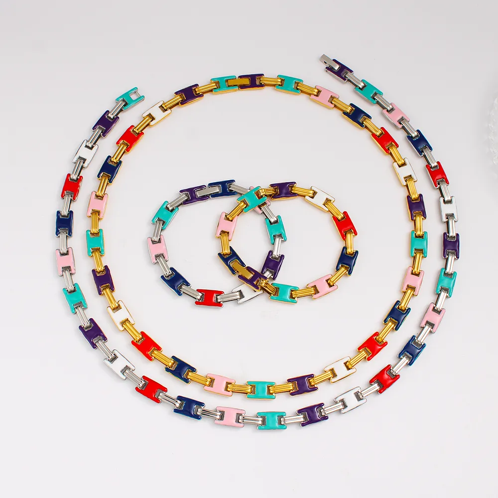 Vintage Style Classic Style Geometric 304 Stainless Steel Enamel 18K Gold Plated Women's Bracelets Necklace display picture 5