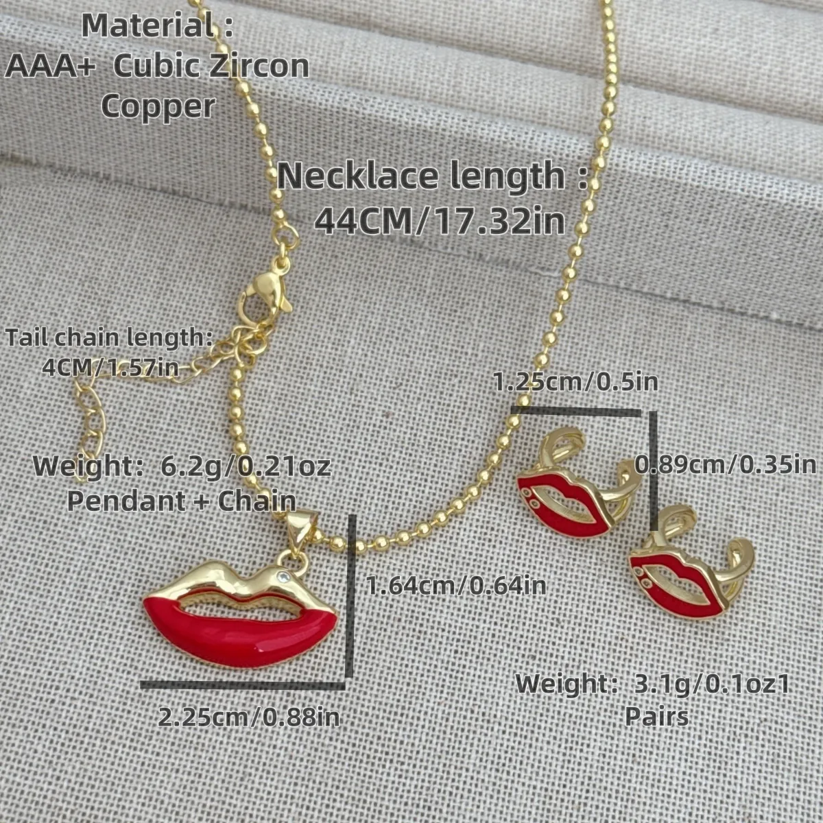 Retro Classic Style Red Lips Copper Epoxy 18K Gold Plated Women's Ear Cuffs Necklace Jewelry Set display picture 5