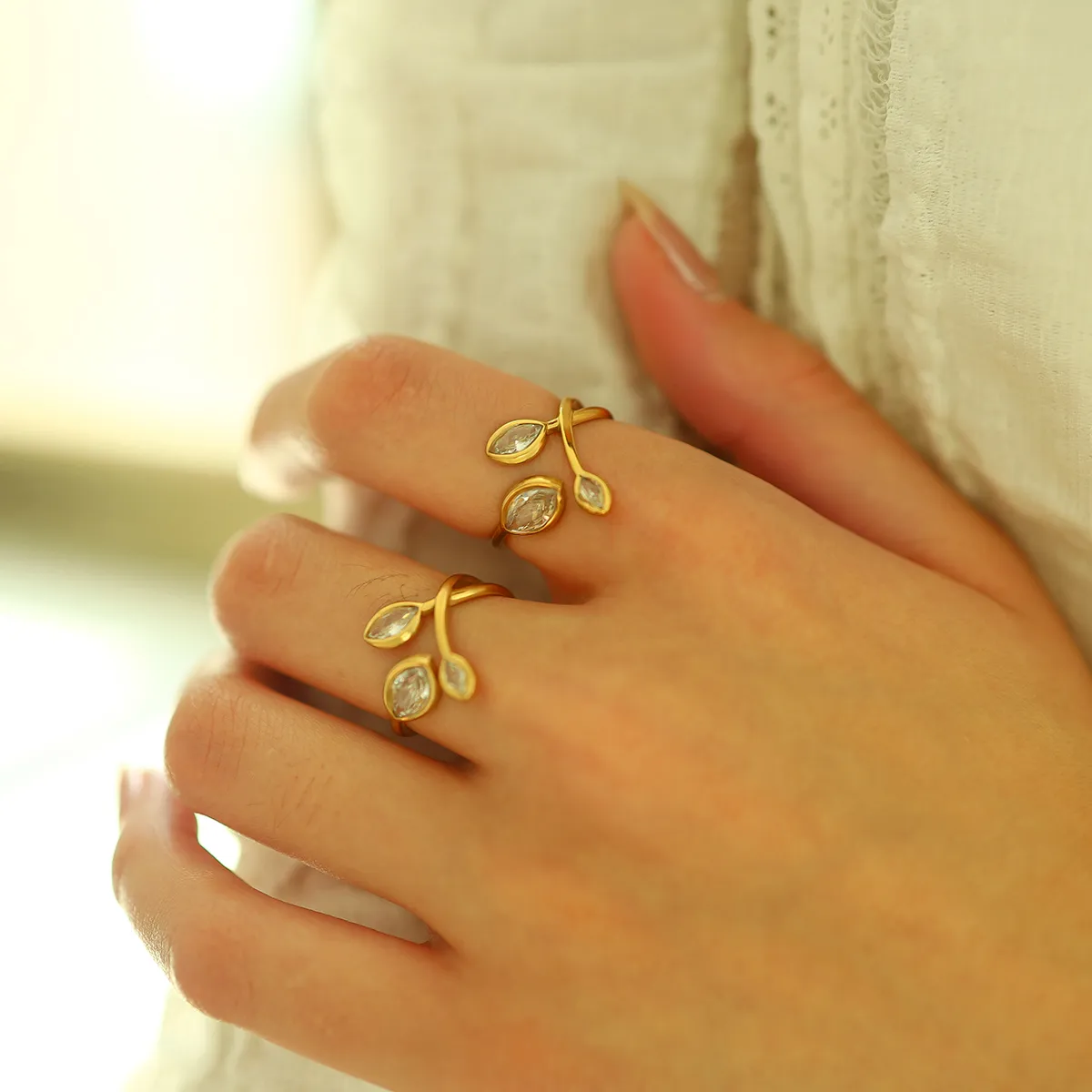 Vacation French Style Geometric Leaves 304 Stainless Steel Plating 18K Gold Plated Women's Open Rings display picture 4