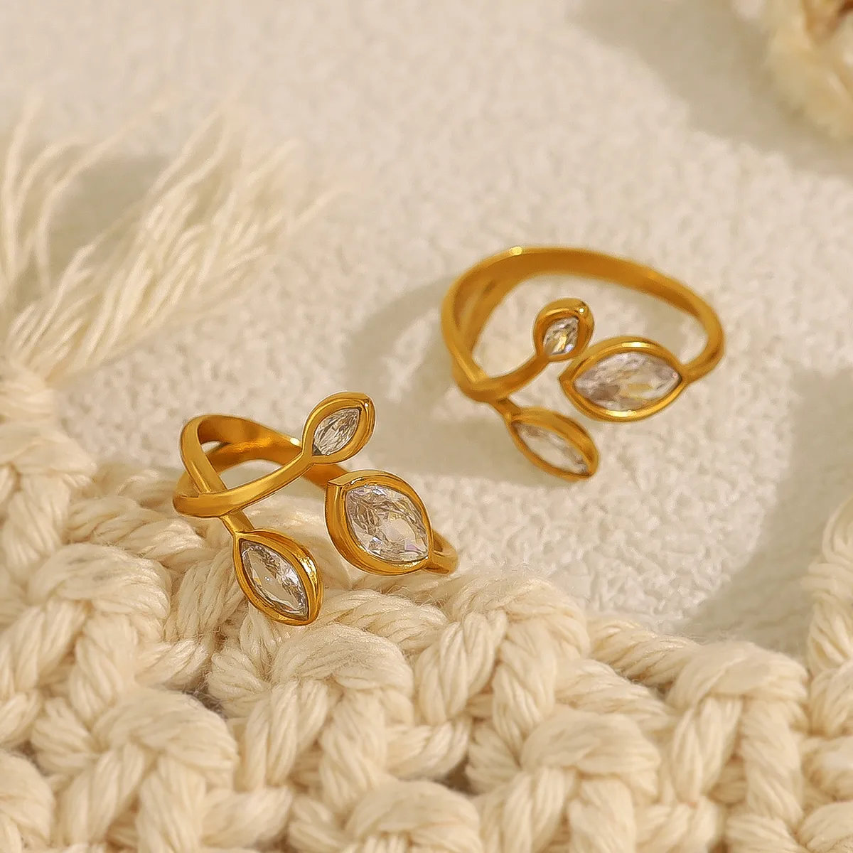 Vacation French Style Geometric Leaves 304 Stainless Steel Plating 18K Gold Plated Women's Open Rings display picture 6