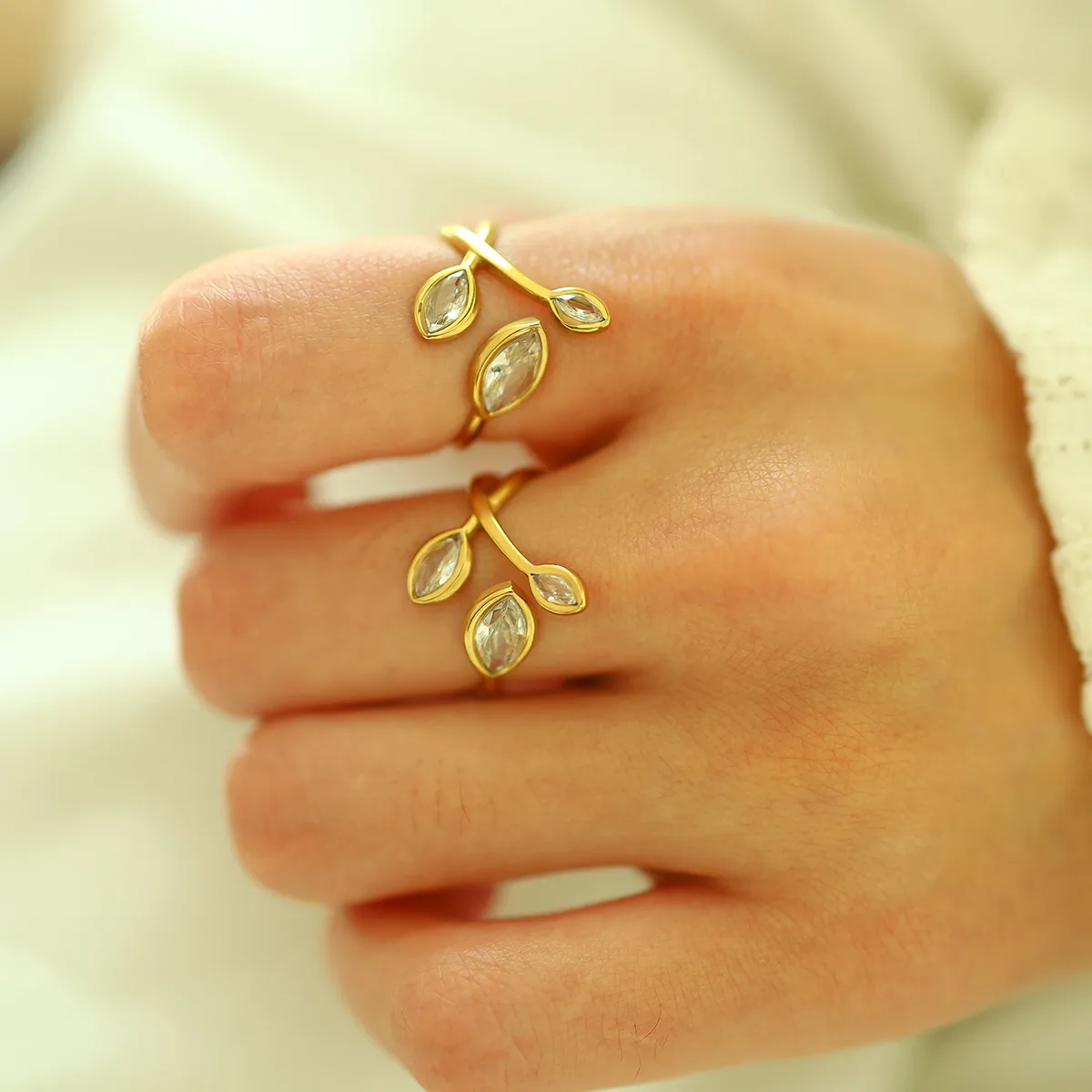 Vacation French Style Geometric Leaves 304 Stainless Steel Plating 18K Gold Plated Women's Open Rings display picture 2