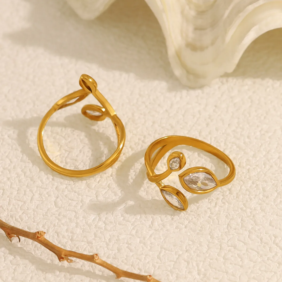Vacation French Style Geometric Leaves 304 Stainless Steel Plating 18K Gold Plated Women's Open Rings display picture 5