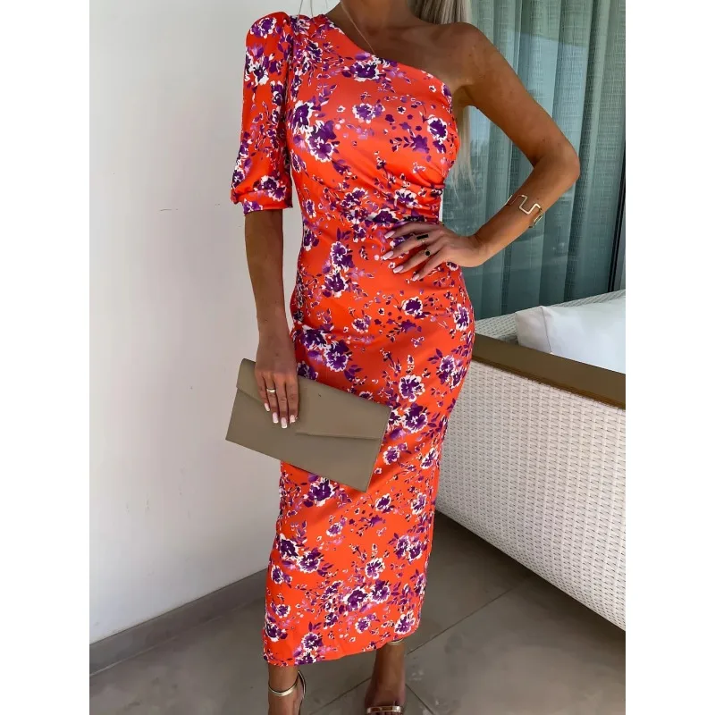 Women's Sheath Dress Streetwear Oblique Collar Short Sleeve Multicolor Midi Dress Holiday Banquet Selfie display picture 5