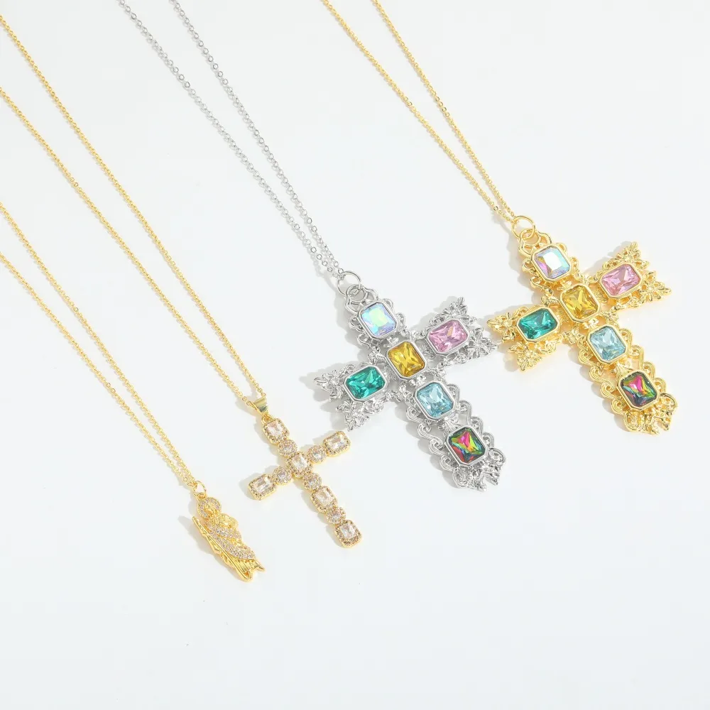 Retro Classic Style Cross Copper Zircon 14K Gold Plated Women's Pendant Necklace display picture 2