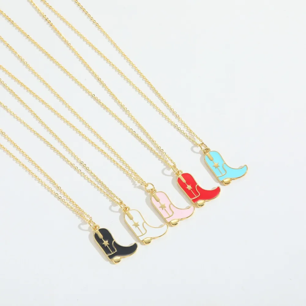 Retro Cowboy Style Boots Copper Enamel 14K Gold Plated Women's Pendant Necklace display picture 2