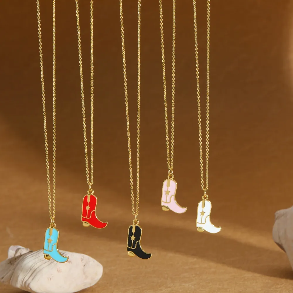 Retro Cowboy Style Boots Copper Enamel 14K Gold Plated Women's Pendant Necklace display picture 4