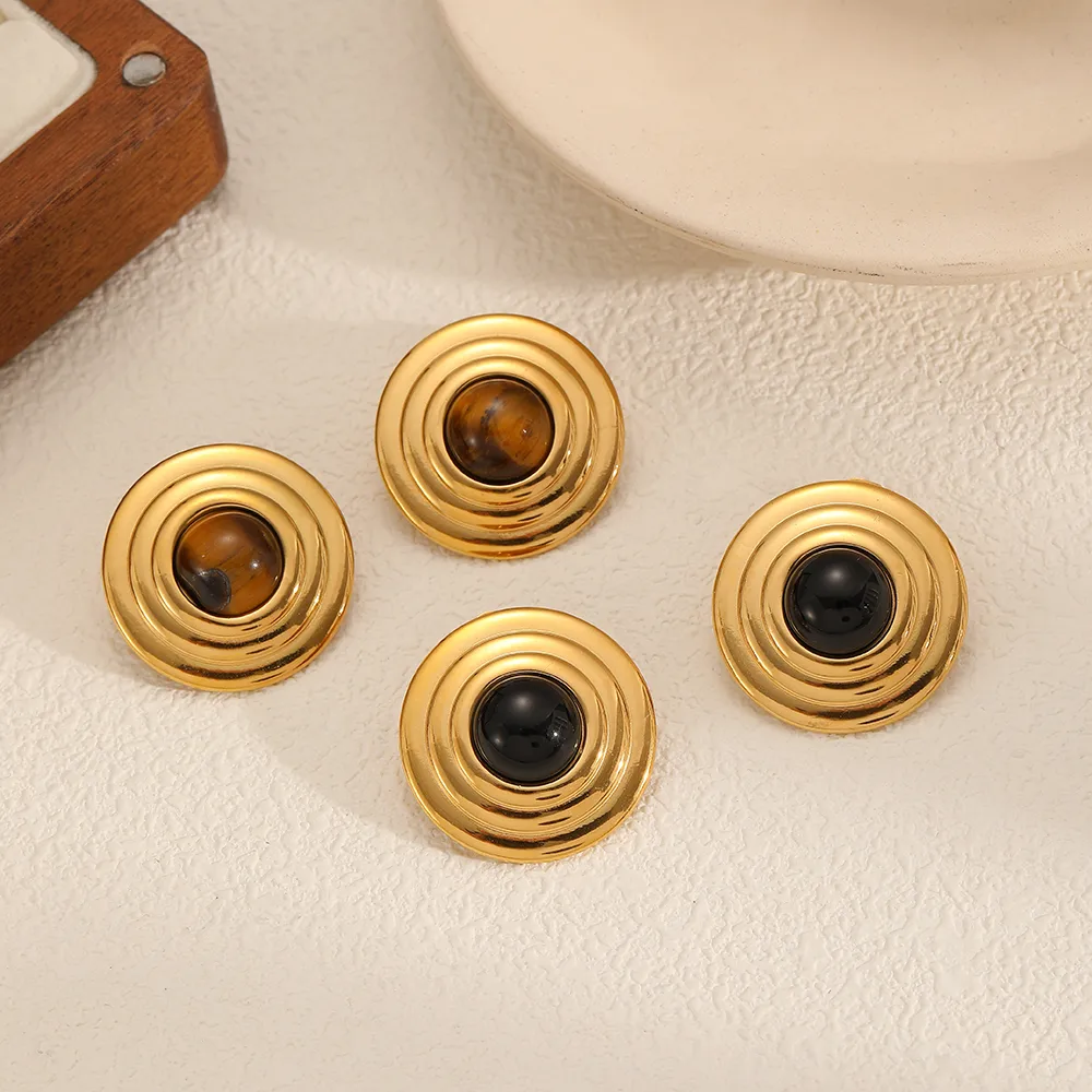 1 Pair Vintage Style Round Polishing Plating 304 Stainless Steel Natural Stone 18K Gold Plated Ear Studs display picture 2