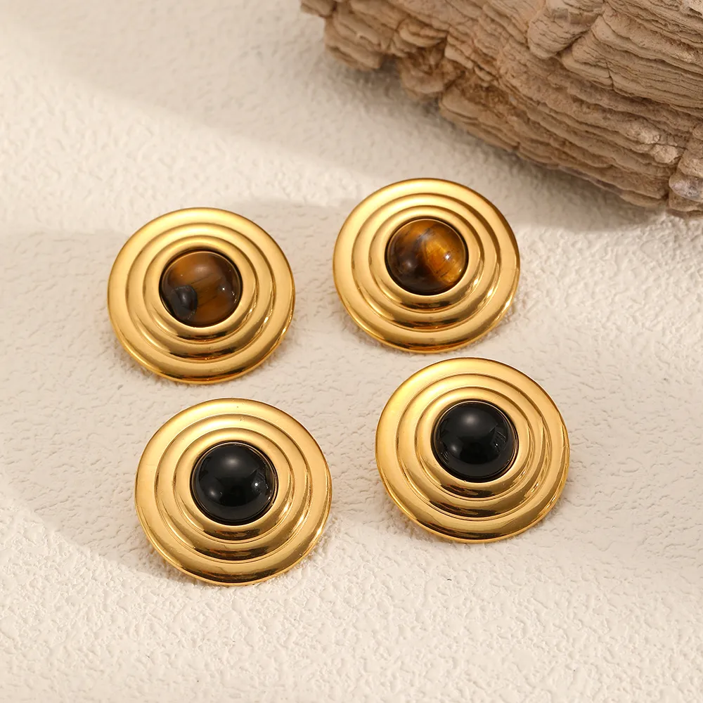 1 Pair Vintage Style Round Polishing Plating 304 Stainless Steel Natural Stone 18K Gold Plated Ear Studs display picture 1