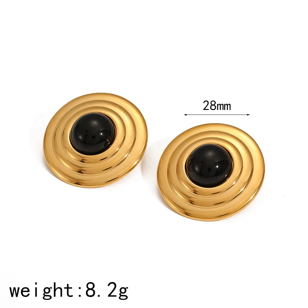1 Pair Vintage Style Round Polishing Plating 304 Stainless Steel Natural Stone 18K Gold Plated Ear Studs display picture 4