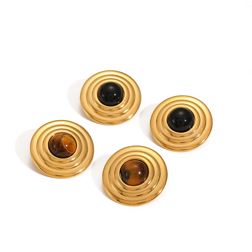 1 Pair Vintage Style Round Polishing Plating 304 Stainless Steel Natural Stone 18K Gold Plated Ear Studs display picture 3