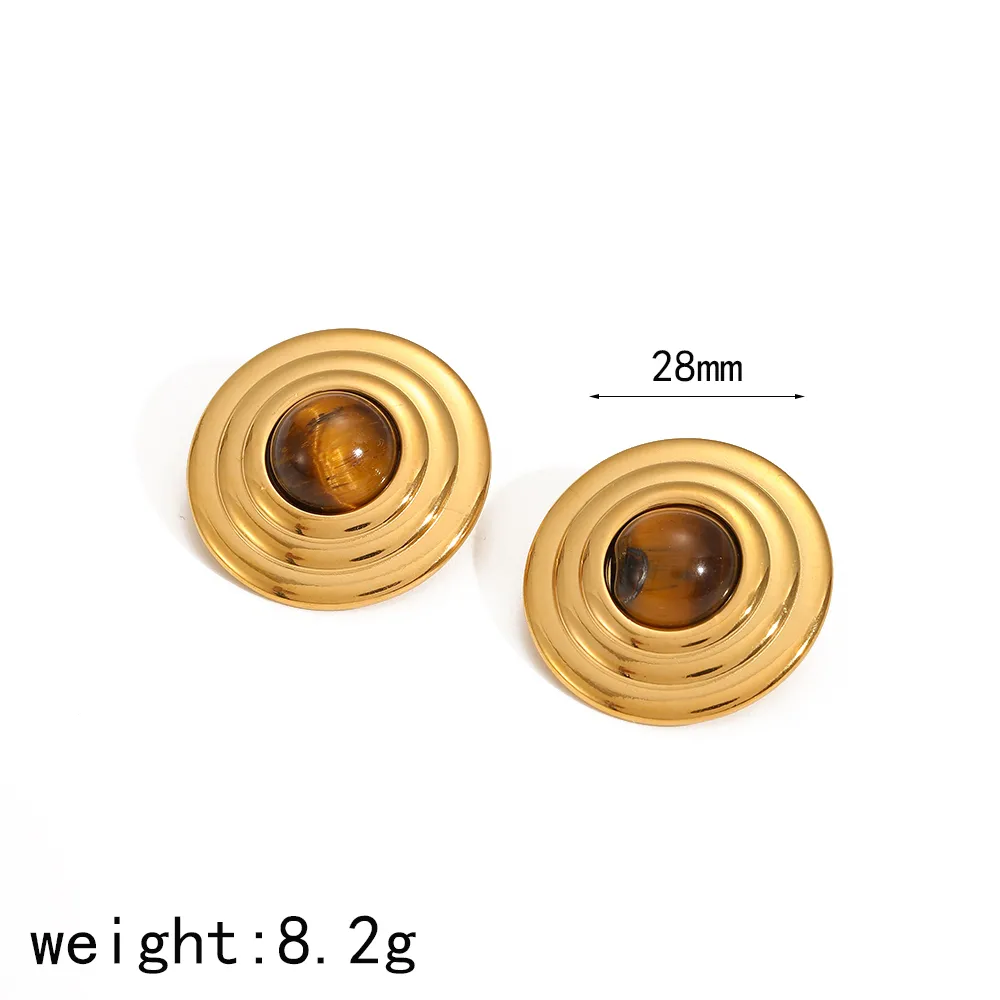 1 Pair Vintage Style Round Polishing Plating 304 Stainless Steel Natural Stone 18K Gold Plated Ear Studs display picture 7