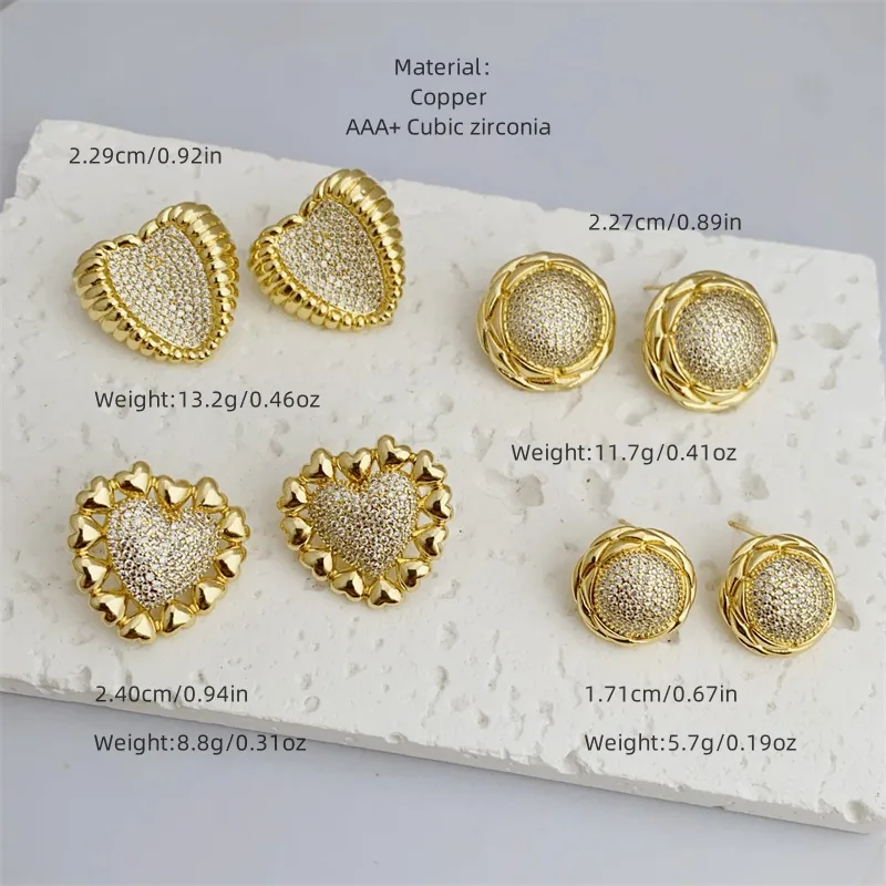 1 Pair Modern Style Round Heart Shape Inlay Copper Zircon 18K Gold Plated Ear Studs display picture 4
