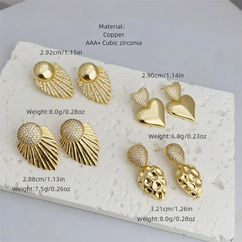 1 Pair Modern Style Geometric Heart Shape Inlay Copper Zircon 18K Gold Plated Ear Studs display picture 5