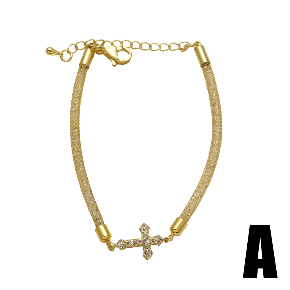 Elegant Simple Style Streetwear Cross Copper Inlay Zircon 18K Gold Plated Unisex Bracelets display picture 3